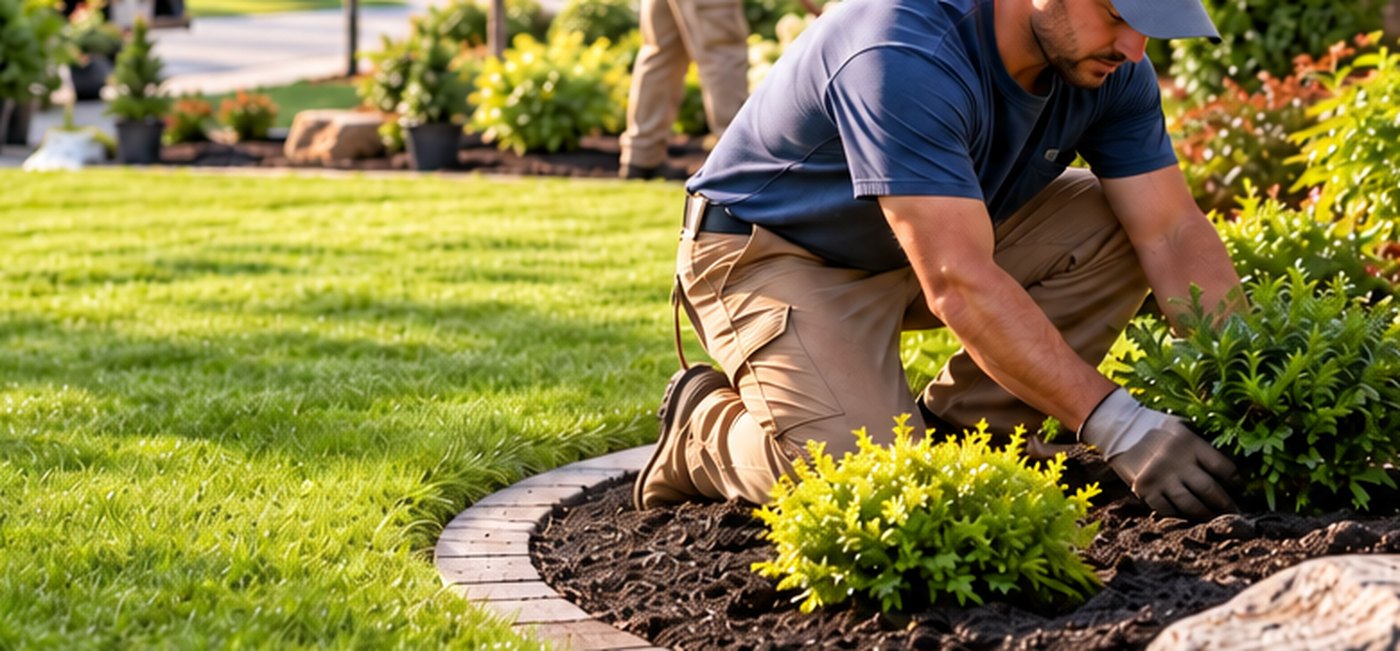 A landscaper kneeling to plant shrubs along a front lawn, with the crew working behind